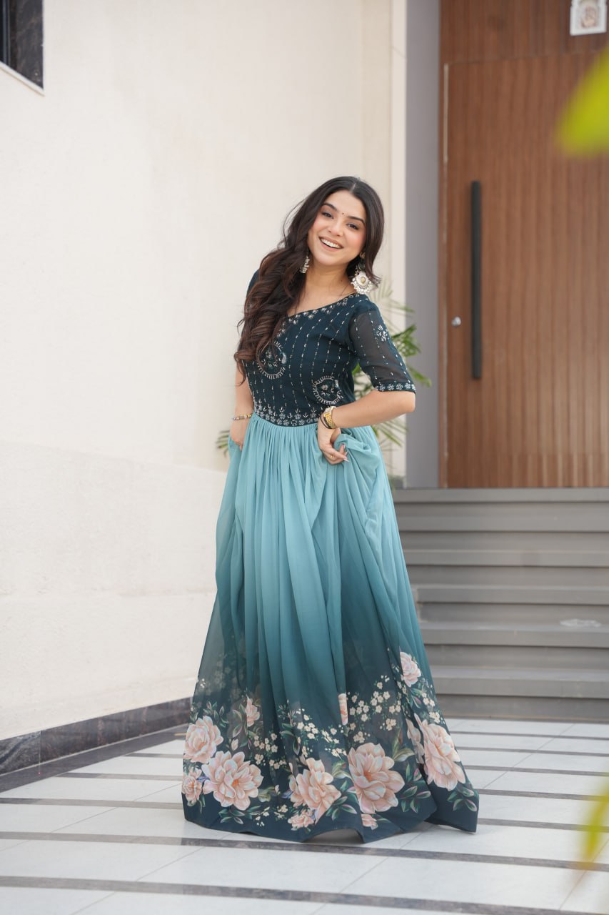 Women's Elegant Teal & Aqua Ombre Gown with Floral Printed Flair & Embellished Bodice – Perfect for Summer Festivities & Parties - Image 3